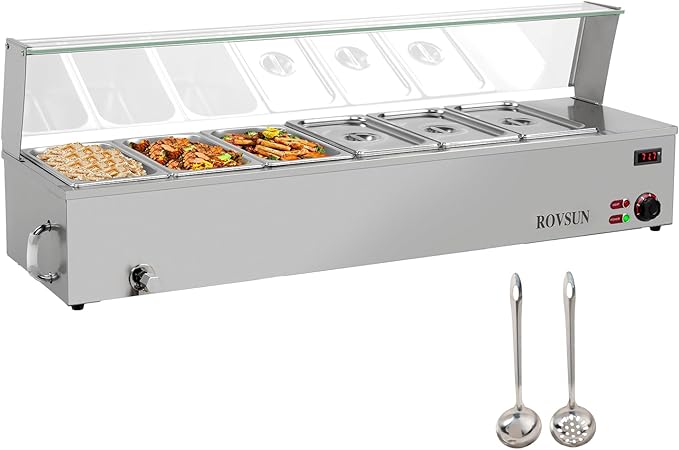 ROVSUN 48QT 1500W Electric Commercial Food Warmer, 6-Pan Steam Table 8QT/Pan Stainless Steel Bain Marie Countertop w/Acrylic Shield Temperature Control & Lid for Buffet Restaurant 110V