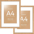 Homeforia A4 Picture Frame Wood, High-End Natural Oak 8.3 x 11.7 Wooden Poster Frames Matted to 5.8 by 8.3 inch Photo, A4 Size Light Wooden Frames with Mat A5 Print, Tempered Glass, Wall Kit, Set of 2