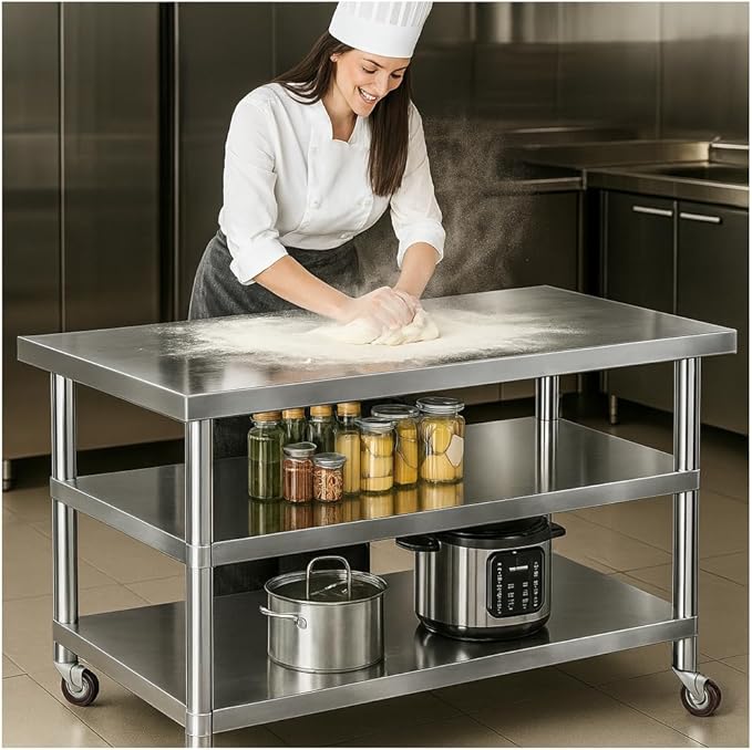 Stainless Steel Table with Wheels for Food Preparation and Work, Multi-Size Optional, Three-Layer Variable Two-Layer Metal Commercial Workbench Outdoor, Restaurant, Kitchen (48" Lx32 Wx34 H)