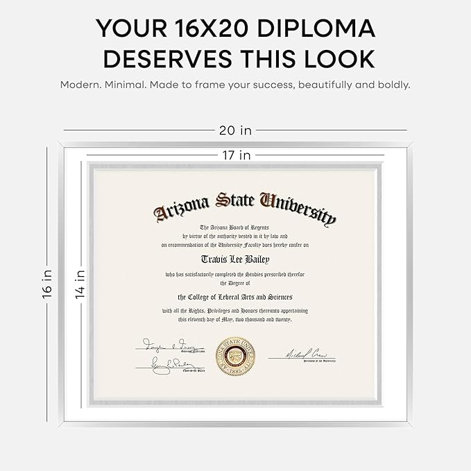 Homeforia 16x20 Diploma Frame Silver, High End Metal 16 x 20 Certificate Frames with Mat for 14 x 17, 20x16 Document Frame Matted to 14x17, Graduation Degree Frames, Tempered Glass, Wall Kit, Set of 1