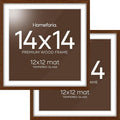 Homeforia 14x14 Picture Frame Brown, High End Dark Oak 14 x 14 Square Wood Frame with Mat 12 x 12 for Photo, 14by14 Wooden Walnut Poster Frame Matted to 12x12 Print, Tempered Glass, Wall Kit, Set of 2