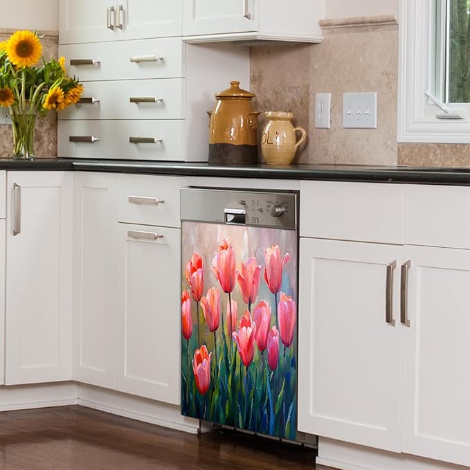 Dishwasher Magnet Cover Beautiful Tulip Flower Front Dishwasher Cover Decoration Reusable Magnetic Door Cover Panel Decal Home Appliances Stickers Kitchen Refrigerator Fridge 23"x26"