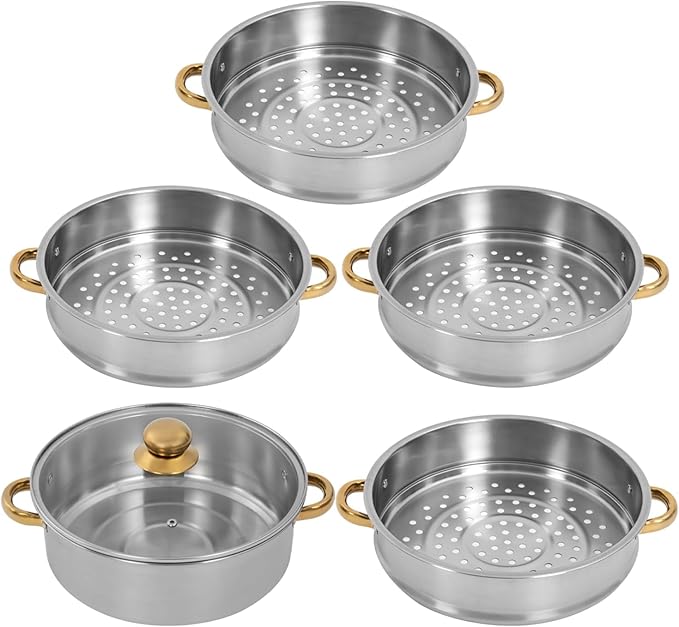 Steamer 30*47cm/11.81*18.5in, 5-tier Stainless Steel Steam Cooker w/ Clear Lid & Gold Anti-scald Handles, Home Stackable Multipurpose Steam Pot for All Hobs (1x1.32Gal Bottom Pan, 4xSteamer Baskets)
