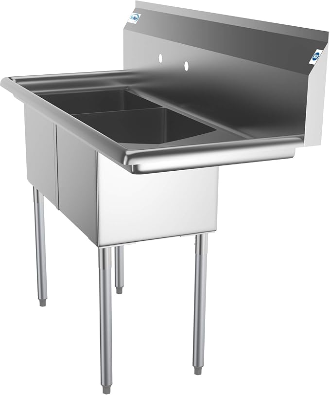 KoolMore - SB151512-15R3 2 Compartment Stainless Steel NSF Commercial Kitchen Prep & Utility Sink with Drainboard - Bowl Size 15" x 15" x 12", Silver