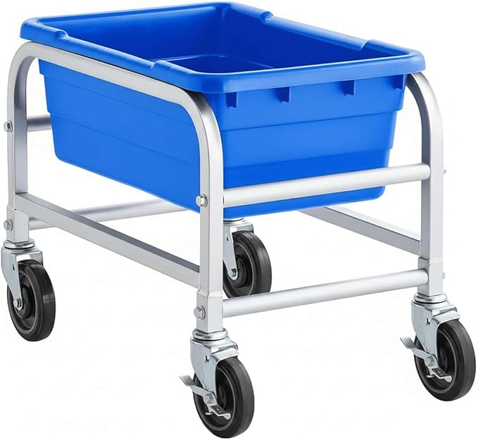 16"x26"x19" Mobile Aluminum Lug Rack with Blue Meat Lug Tote Box - NSF Heavy-Duty 1 Lug Capacity Food Storage Cart with 5" Swivel Casters, Freezer Safe, Commercial Cart for Seafood, Ingredients