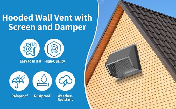4 Inch Wall Vent Cover with Screen and Damper,Heavy Duty Stainless Steel Exhaust Vent Cover Cap,Dryer Vent Pipe is 8-1/4 inch and Long Enough for Wall Black