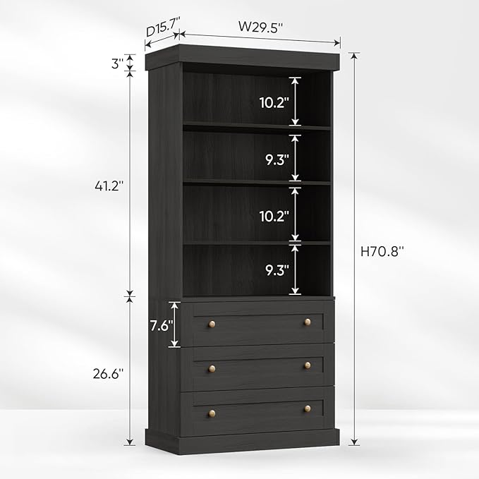 Vyre 71" Tall Farmhouse Kitchen Pantry, Large Storage Cabinet with Adjustable Shelves, 3 Drawer, Wood Versatile Hutch Cabinet for Living Room, Dining Room, Black