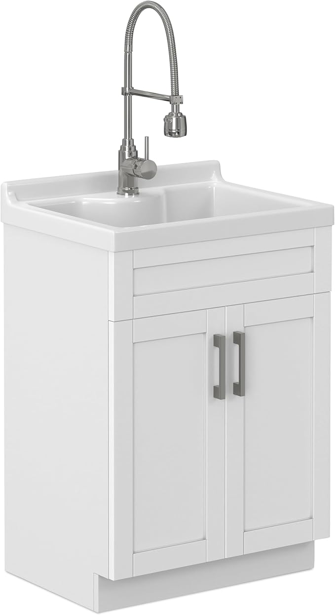 SIMPLIHOME Hennessy All-in-One 24 inch Wide Utility Sink and Laundry Cabinet in Pure White Finish, Transitional ABS Sink Cabinet for Laundry Rooms with High-Arch Chrome Faucet and Pull-Out Spray