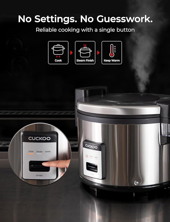 CUCKOO Commercial Rice Cooker & Warmer, Extra Large Rice Cooker 30-Cup Uncooked / 60-Cup Cooked, Professional Industrial Grain Cooker with Large Capacity, Easy One-Touch Operation, Silver (CR-3055)