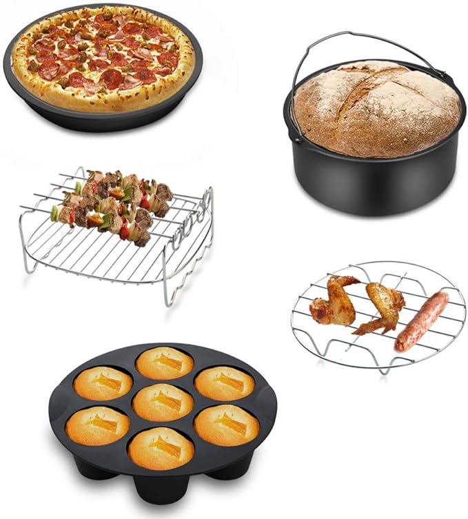 Air Fryer Accessories 9PCS for Gowise Gourmia Cozyna Ninja Air Fryer, Fit all 3.7QT - 5.8QT Power Deep Hot Air Fryer with 7 Inch Cake Barrel, Pizza Pan, Cupcake Pan, Oven Mitts, Skewer Rack,