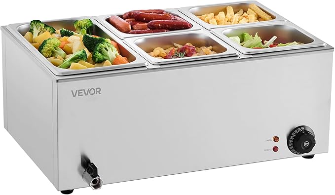 VEVOR 5-Pan Commercial Food Warmer, 24QT Electric Steam Table, 1200W Professional Countertop Stainless Steel Buffet Bain Marie with 86-185°F Temp Control for Catering and Restaurants, Silver