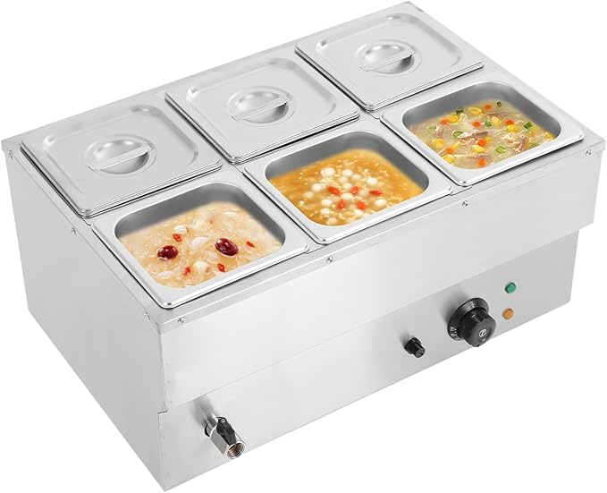 6-Pan Commercial Food Warmer,110V Electric Stainless Steel Steam Food Warmer with Lid,Electric Bain Marie Countertop with Temperature Control for Catering,Restaurant,Party (Small 6-Pan)