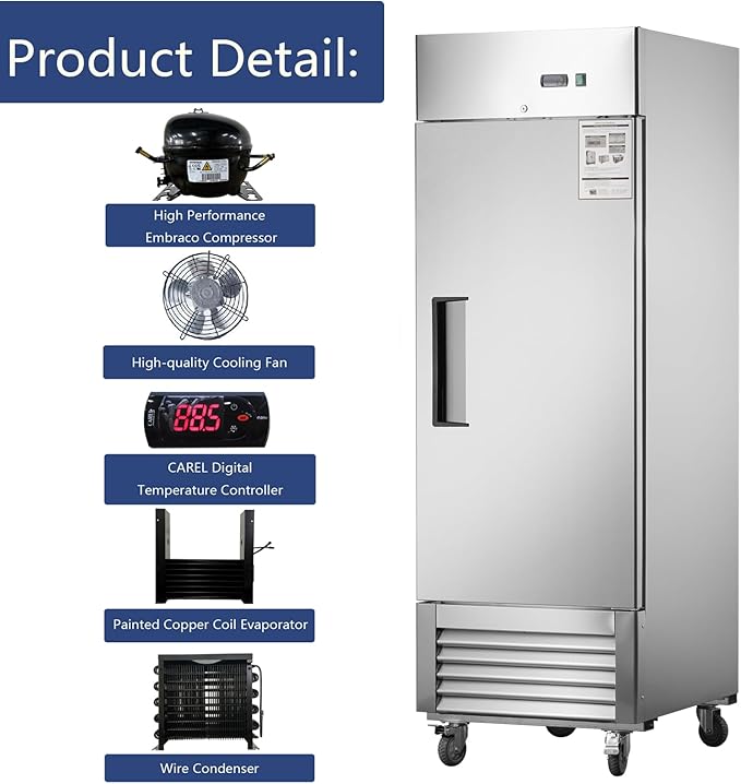 Commercial Refrigerator 27"W Single Solid Door Stainless Steel Interior and Exterior Construction Upright Fan Cooling 18.68 Cu.ft. for Restaurant, Bar, Shop