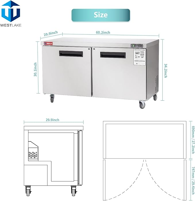 WESTLAKE 60" W Commercial Freezer Worktop Undercounter Freezer 14.8 Cu.ft Single Door Stainless Steel Counter Fan Cooling Freezer Food Prep Station for Restaurant, Bar