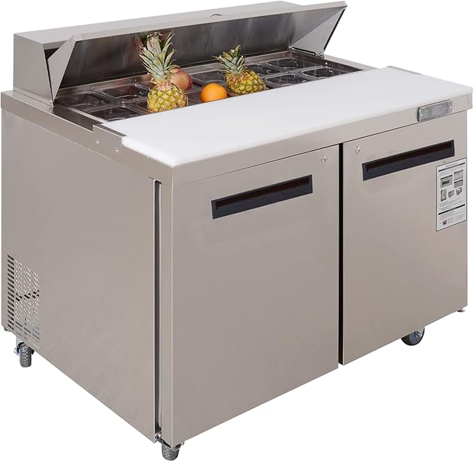 WESTLAKE 48" W 2 Door Refrigerator Sandwich&Salad Prep Table Commercial Stainless Steel Counter Fan Cooling Refrigerator with 12 pans-48 Inches for Restaurant, Bar, Shop, etc