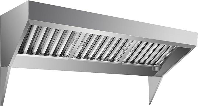 6FT Commercial Kitchen Exhaust Hood, Wall Mount Stainless Steel Vent Hood with Detachable u-Shaped Grease Filters, Rust-Resistant Restaurant Range Hood for Food Truck Cooking Sttion Concession Traile