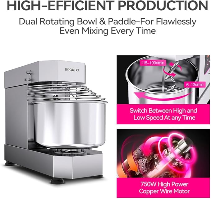 BOOROS Commercial Dough Mixer 750W Dual Rotating Dough Kneading Machine Pizza Dough Mixer 10.5Qt Capacity with Timer & Safety Shield Make 2.2-11Lbs of Dough Suitable for Bakery Pizzeria,110V