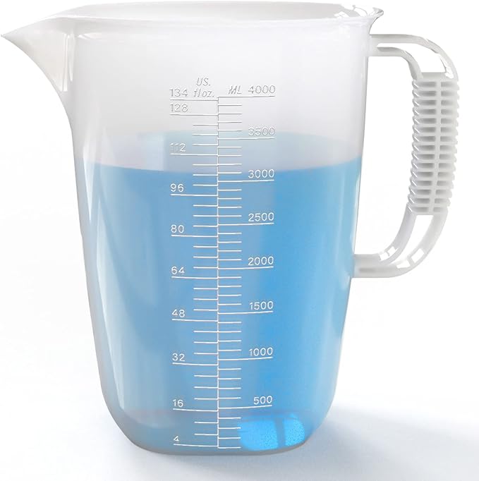 1 Gallon Measuring Pitcher-Convenient Conversion Chart,134oz Extra Large Plastic Measuring Cup-Strong Food Grade Material,Graduated Mixing Pitcher Great for Lawn,Pool Chemicals, Motor Oil and Fluids