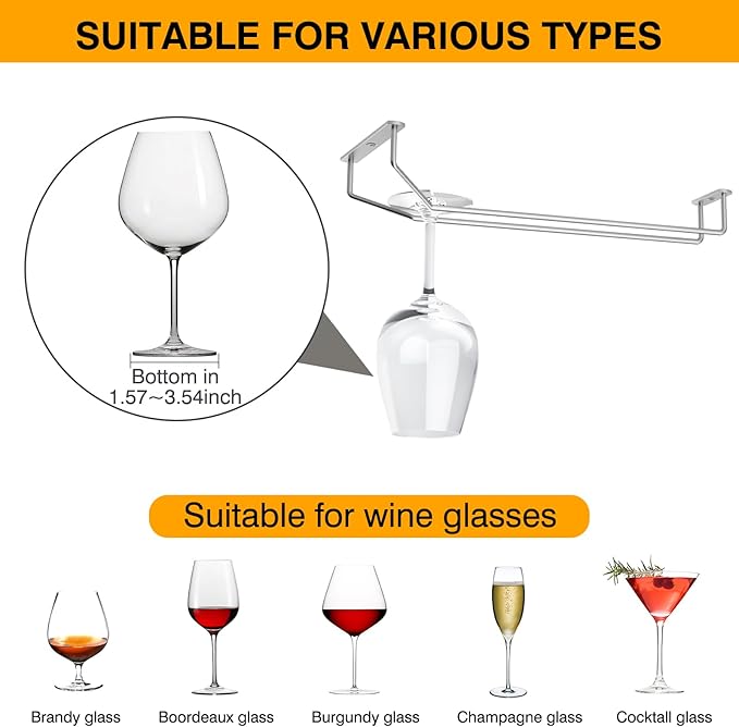 14-Inch Under Cabinet Wine Glass Holder - Metal Stemware Hanger, Single Rail Wine Glass Hanging Rack for Kitchen Bar - Set of 4