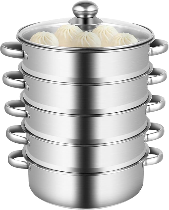 5-Tier Steamer for Cooking,9.44-inch Stainless Steel Steamer Pot with Tempered Glass Lid,Food Steam Pots,Dishwasher Safe, Ideal for Vegetable, Food, Kitchen (Sliver)