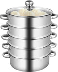 5-Tier Steamer for Cooking,9.44-inch Stainless Steel Steamer Pot with Tempered Glass Lid,Food Steam Pots,Dishwasher Safe, Ideal for Vegetable, Food, Kitchen (Sliver)