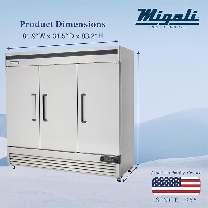 Migali C-3RB-HC Three Door Reach-In Refrigerator, 72 cu/ft, Stainless Steel Interior and Exterior, Auto Defrost, Digital Temperature Display, Door Locks