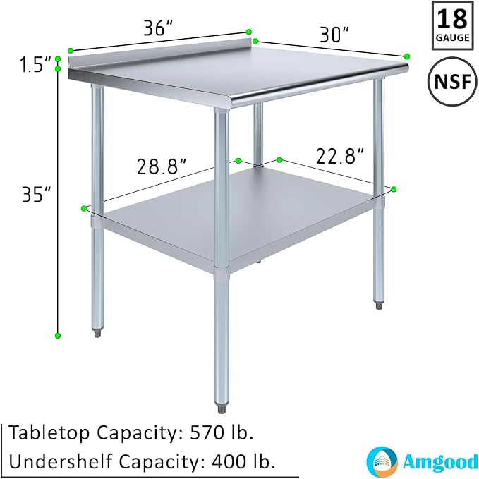 AmGood Stainless Steel Work Table with 1.5" Backsplash | Metal Kitchen Food Prep Table | NSF (36" Long x 30" Deep)