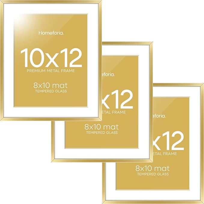 Homeforia 10x12 Picture Frame Gold, High End Metal 10x12 Poster Frames with Mat for 8x10, 10 x 12 Gold Frame Matted to 8 x 10 inch Photo, 10by12 Thin Hanging Frames, Tempered Glass, Wall Kit, Set of 3