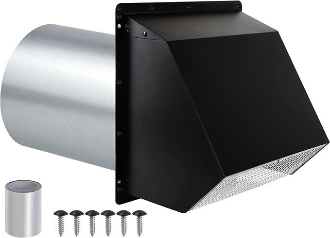 5 inch dryer Vent Cover Exterior Wall Vent Hood Outlet Airflow Vent Dryer exhaust vent with Screen and Damper,Outdoor Dryer Vent Cover cap for Range Hood/Kitchen Air Ventilation,Galvanized Steel,Black