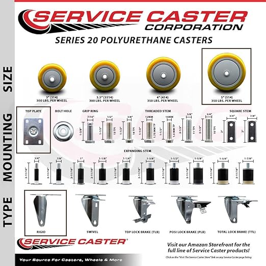 Service Caster Brand Replacement Caster for Uline Caster H-5540R-Rigid Top Plate Caster with 5 Inch Yellow Polyurethane Wheel-Light Duty Replacement Caster-Fits Cart, Dollies and Poly Box Truck H-3840
