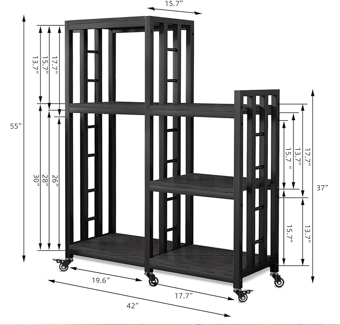 6-Tier Kitchen Bakers Rack, Multifunctional Storage Shelf, Mini Fridge & Microwave Oven Stand Table, Coffee Bar, Adjustable Kitchen Shelves Freestadning (Charcoal Black Wood Grain Print with wheels)
