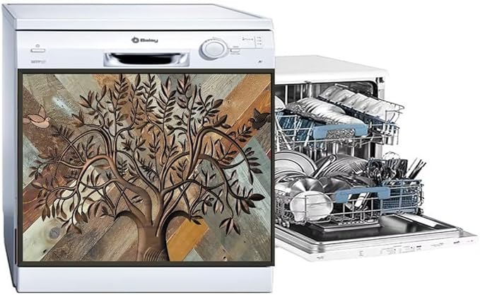 Stainless Steel Tree of Life Dishwasher Magnet Cover for Front, Wooden Door Magnetic Refrigerator Cover Skin Decor, Birds Dishwasher Panel Decal, Magnetic 23" x 17"