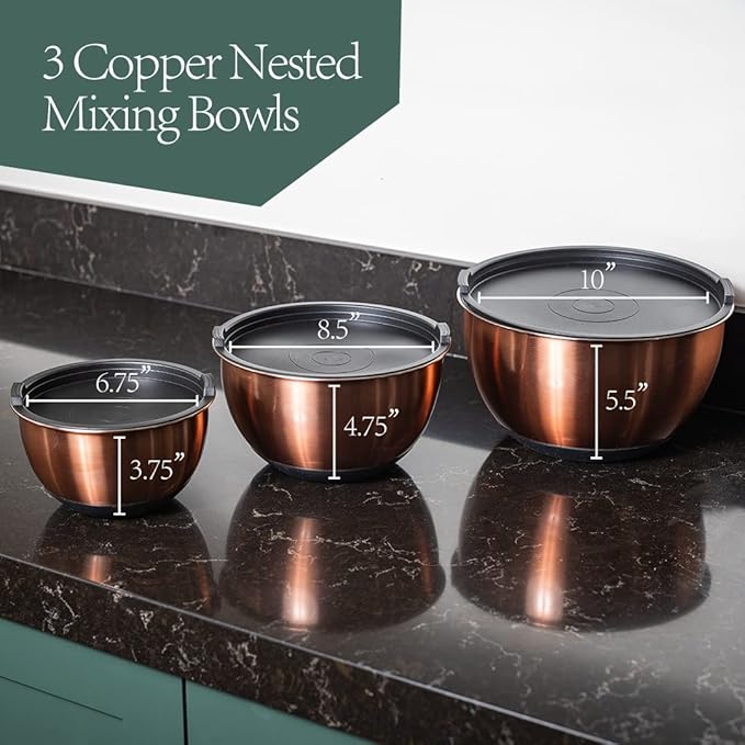 Samma Copper Mixing Bowls Set with Lids - Stainless Steel Interior, Non-Slip Black Silicone Base - Nesting Mixing Bowls for Baking, Cooking & Meal Prep (3-Piece Set)