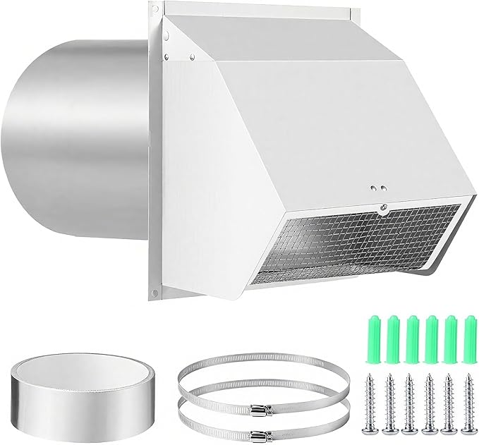 4 Inch Wall Vent Cover with Screen and Damper,Heavy Duty Stainless Steel Exhaust Vent Cover Cap,Dryer Vent Pipe is 8-1/4 inch and Long Enough for House White