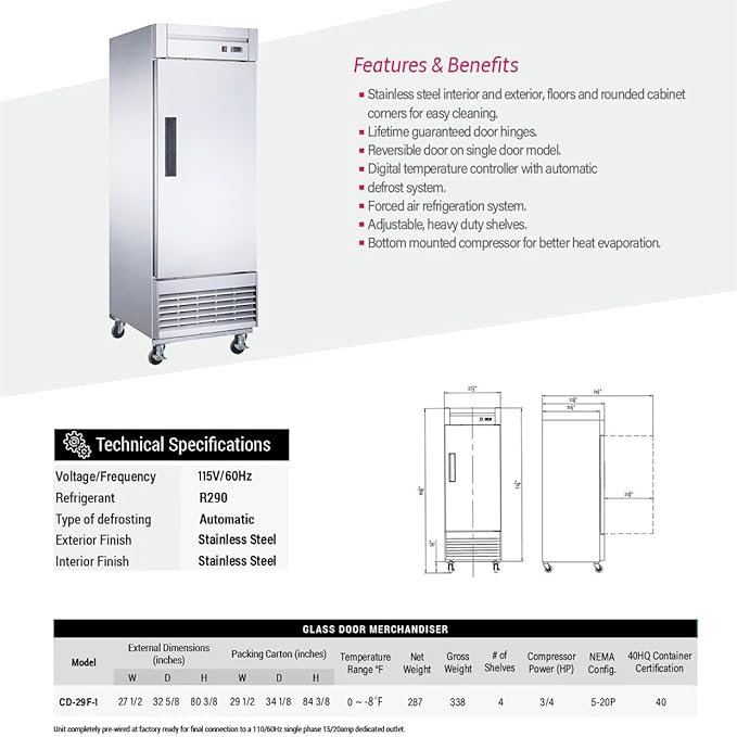 Commercial Freezer 1-Door Solid Upright Reach in Stainless Steel NSF certified 28" Width, Capacity 18 Cuft, Bottom Mounted Restaurant Quality Kitchen Cold -8°F