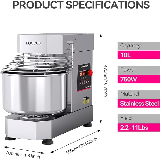 BOOROS Commercial Dough Mixer 750W Dual Rotating Dough Kneading Machine Pizza Dough Mixer 10.5Qt Capacity with Timer & Safety Shield Make 2.2-11Lbs of Dough Suitable for Bakery Pizzeria,110V