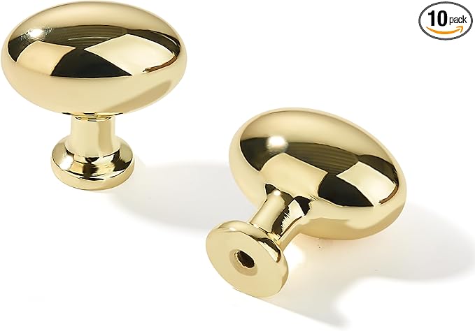 khtumeware 10 Pack 1-3/8 inch(35mm) Polished Brass Cabinet Knobs Dresser Knobs Oval Unlacquered Brass Drawer Knobs Kitchen Cabinet Hardware Egg Knobs for Dresser Drawers
