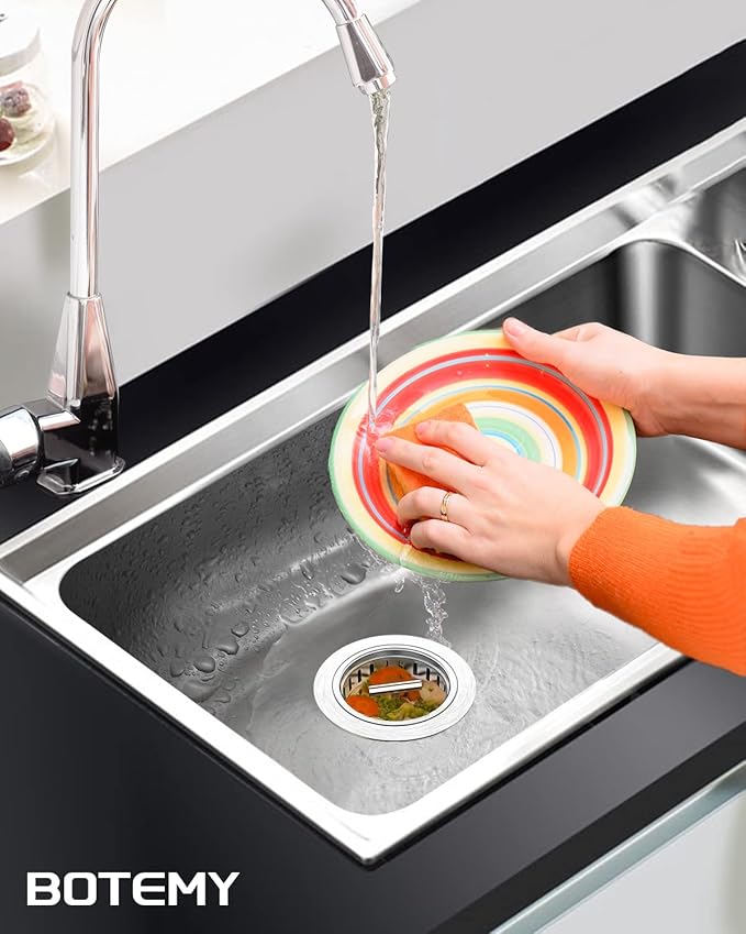 BOTEMY B9171 Kitchen Sink Drain 3 1/2 Inch Kitchen Sink Drain Strainer Assmebly Kit Stainless Steel Sink Strainer Basket/Drain Stopper for 3.5'' Standard American Drain Hole (Brushed)