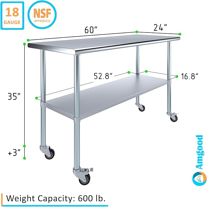 AmGood 60" Long x 24" Deep Stainless Steel Table with Casters