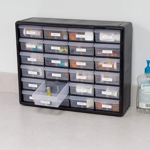 Akro-Mils 24-Drawer Plastic Drawer Storage Cabinet for Garage Organization, Bead Organizer, Building Bricks Storage, Teacher Toolbox, Makeup Organizer, 20" W x 6" D x 16" H, 10124 Black
