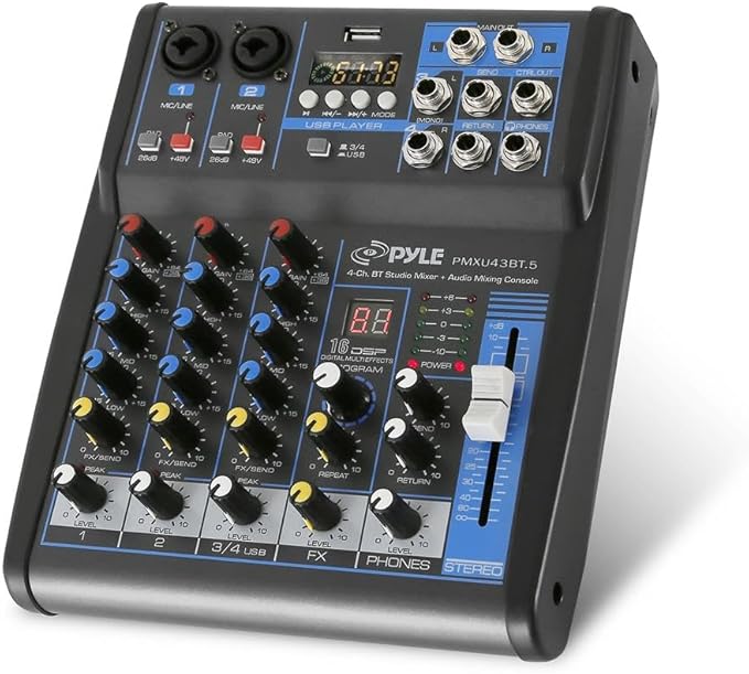 Pyle Professional Audio Mixer Sound Board Console System- Interface 4 Channel Digital USB Bluetooth MP3 Computer Input 48V Phantom Power Stereo DJ Studio Streaming FX 16-Bit DSP Processor- PMXU43BT.5