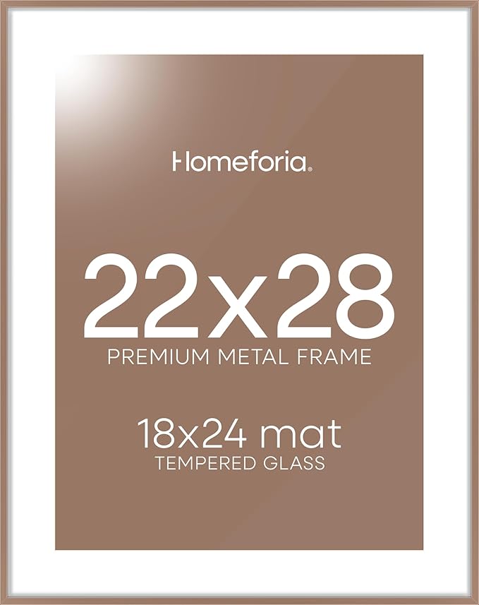 Homeforia 22x28 Poster Frame Mocha, High End Metal 22 x 28 Large Picture Frames with Mat 18 x 24 for Photo, 22x28 Thin Frame Matted to 18x24 inch Print, 28x22 Frame, Tempered Glass, Wall Kit, Set of 1