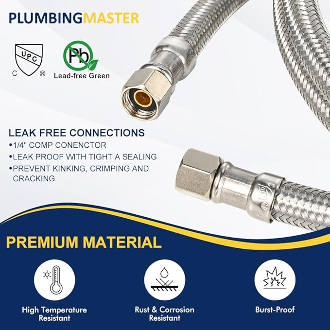 20FT Stainless Steel Braided Ice Maker Supply Line – 1/4″ Compression x 1/4″ Compression Fittings, Lead‑Free, Burst‑Proof, Universal Fit, NSF/UPC Certified, 10‑Year Warranty