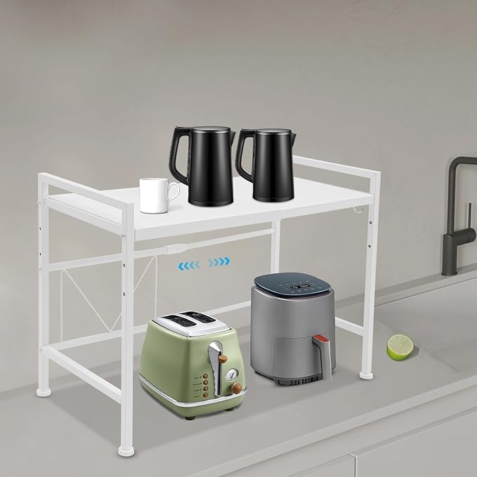 2 Tier Microwave Oven Rack, Adjustable Shelf with 3 Hooks, Microwave Stand with Storage, Toaster Shelf Heavy Duty Stand Kitchen Counter Top Organizer for Kitchen (white)