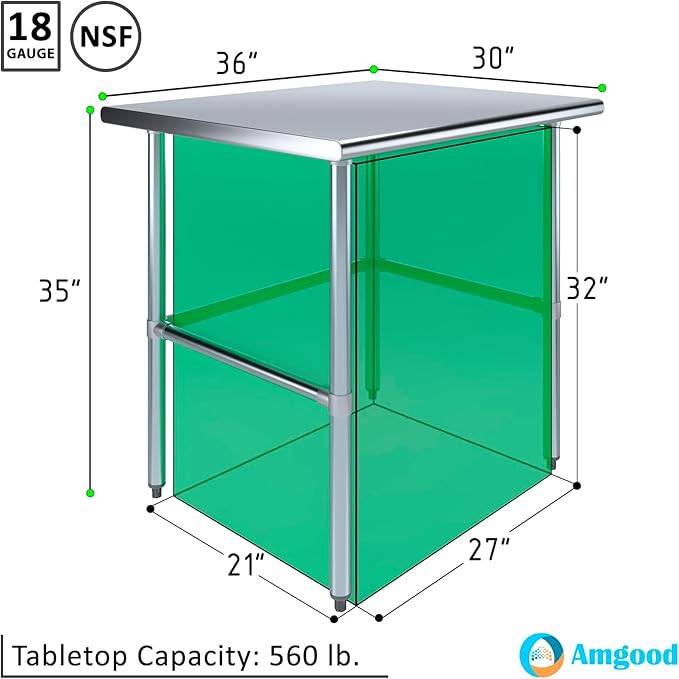 AmGood Stainless Steel Work Table Open Base | NSF Kitchen Island Food Prep | Laundry Garage Utility Bench (36" Long X 30" Deep)