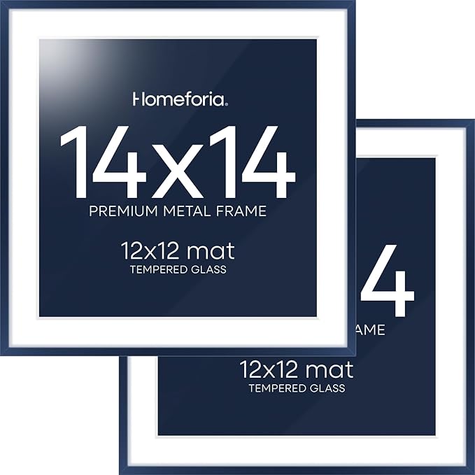 Homeforia 14x14 Picture Frame Navy Blue, High End Metal 14 x 14 Square Poster Frame with Mat 12 x 12 Photo, 14x14 Frame Matted to 12x12 Print, 14by14 Hanging Frames, Tempered Glass, Wall Kit, Set of 2