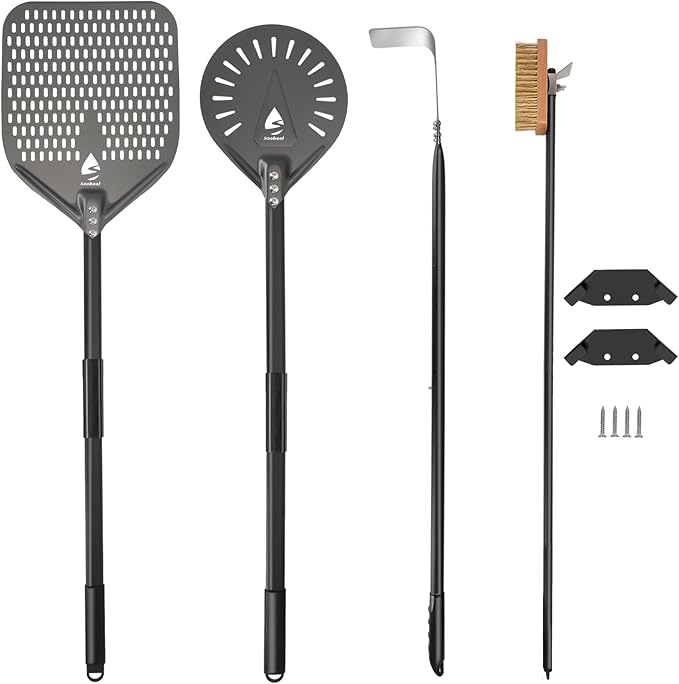 4 Piece Pizza Oven Kit (Extended Edition) Pizza Turning Peel 9 Inch Perforated Pizza Peel 12 Inch 40 Inch Aluminum Handle Pizza Oven Brush and Ash Rake Pizza Peel Set Pizza Oven Tools Kit