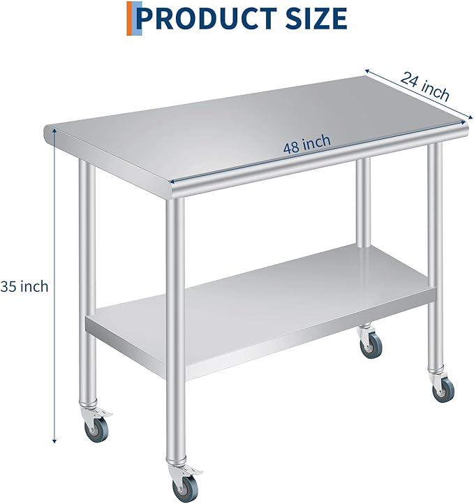  Stainless Steel Prep Table, 24 x 48 Inches Heavy Duty Commercial , with Rounded-Corner, Adjustable Undershelf and 4 Caster Wheels, Heavy Duty Work Table with Adjustable Under Shelf for Outdoor, Res