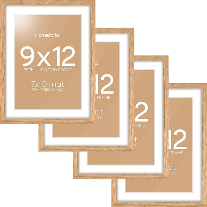 Homeforia 9x12 Picture Frame Wood, High End Natural Oak 9 x 12 Light Wooden Frames with Mat 7 by 10 Photo, 9by12 Frame Matted to 7x10 Print, Wall or Tabletop Frames, Tempered Glass, Wall Kit, Set of 4