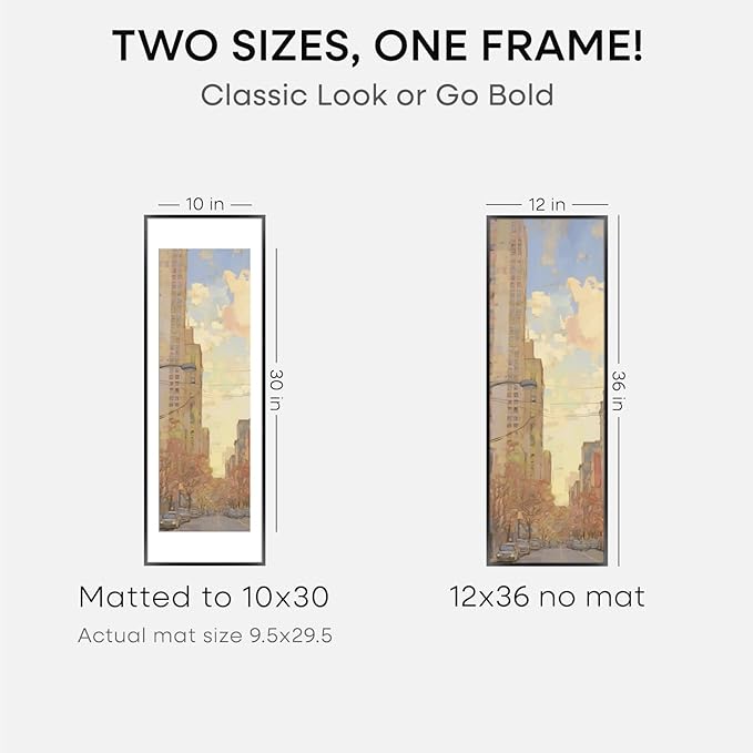 Homeforia 12x36 Picture Frame Black, High End Metal 12x36 Poster Frames with Mat 10x30 for Photo, 12 x 36 Black Frame Matted to 10 by 30 Art, 36x12 Panoramic Frames, Tempered Glass, Wall Kit, Set of 1